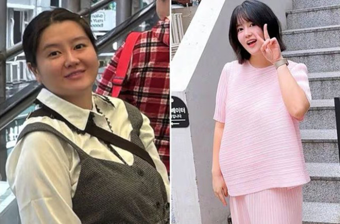 Lee Soo-min lúc mang bầu và sau khi giảm được 26 kg. Ảnh: Lee Soo-min